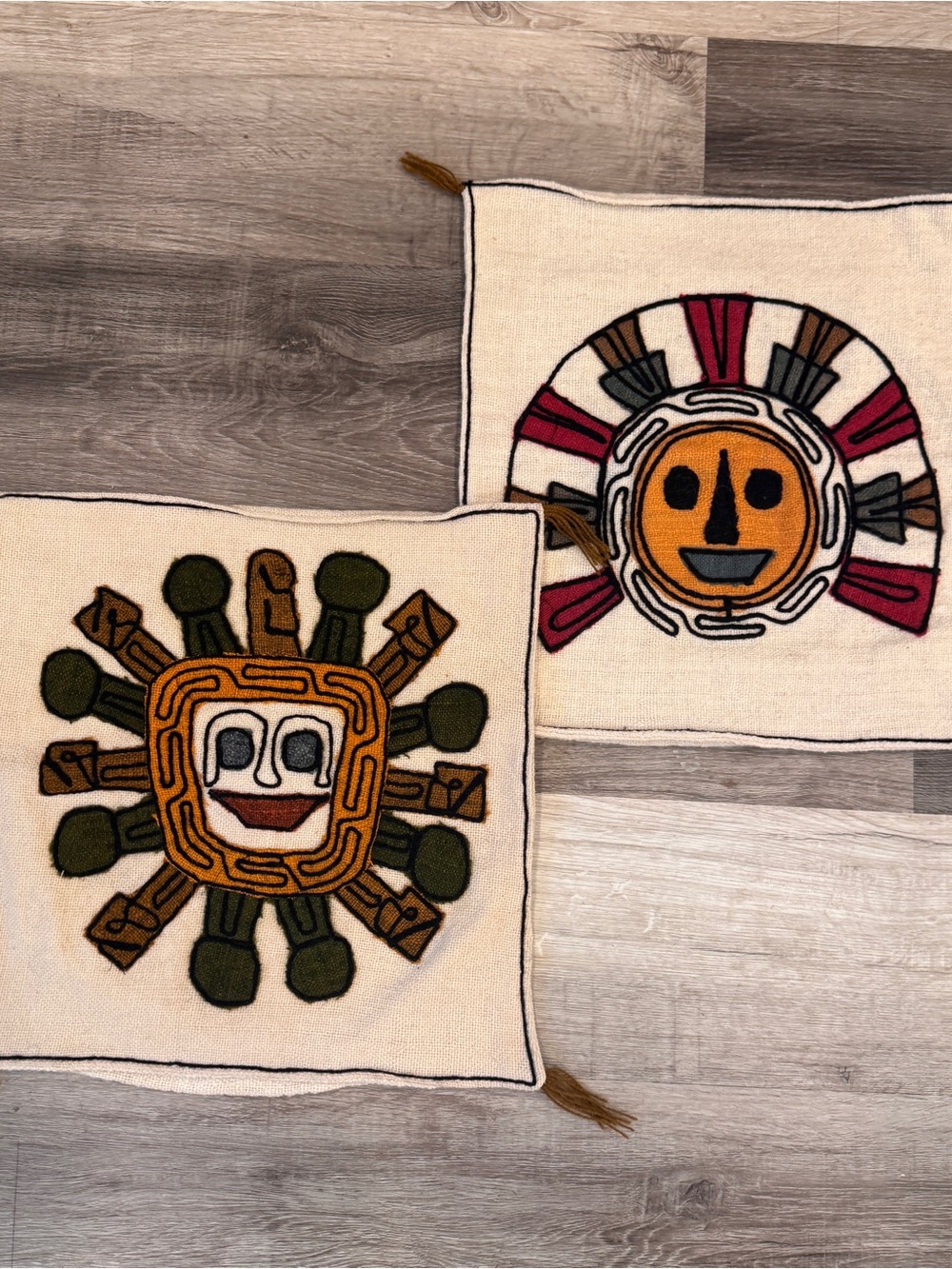 Hand-Embroidered Mask Wool Pillow Covers Set of 2 Folk Art Vintage Aztec
